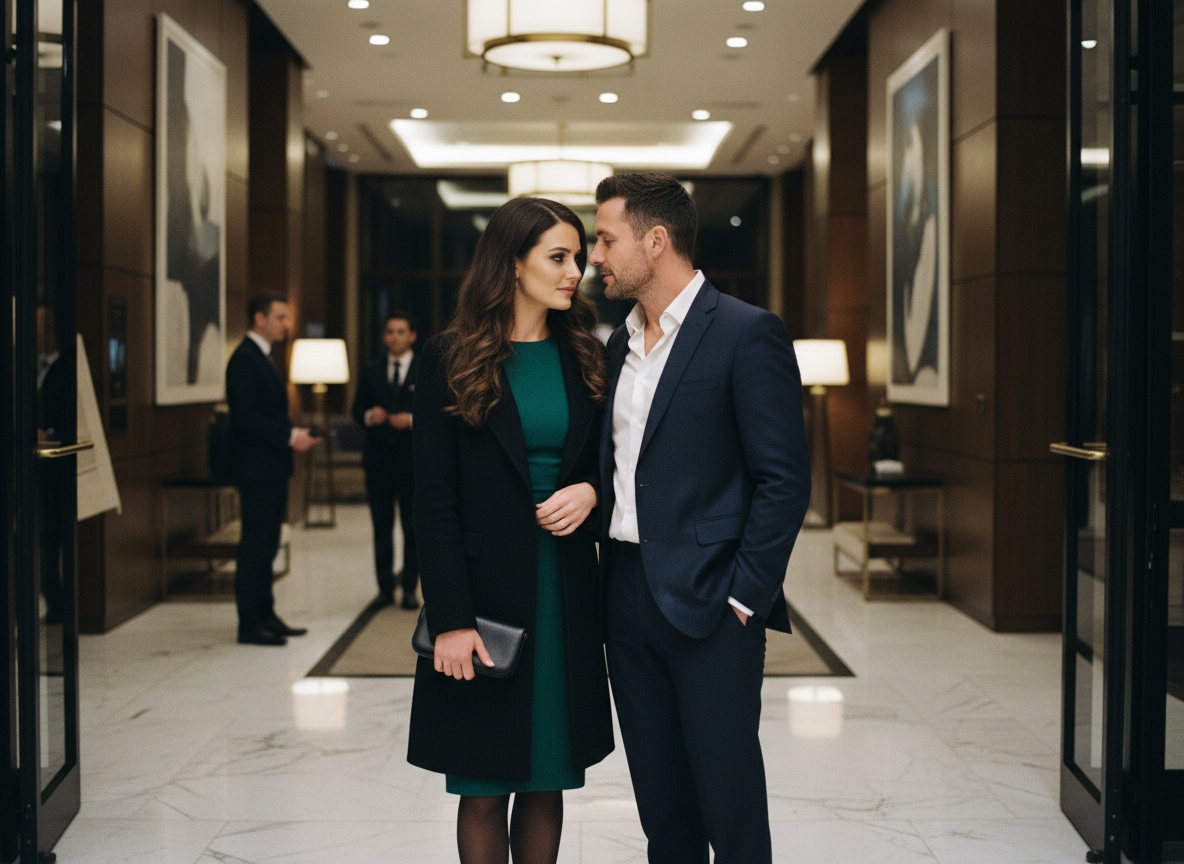 The couple reconnects in a quiet hotel lobby